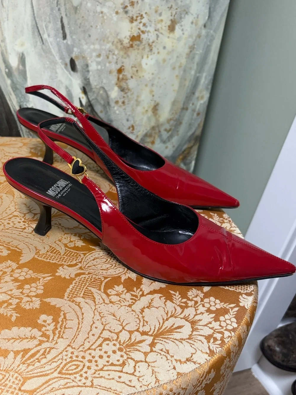 Moschino CheapandChic Red Patent Leather Heart Sling-Back Heels Size 40